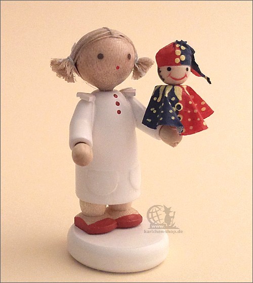 Girl with Kasperle puppet, red/blue