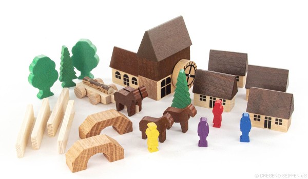 Wooden village with mill