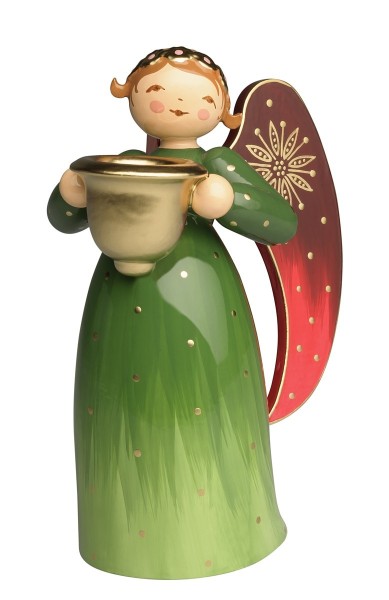 Richly painted angel, green with Candle Holder / 8,5 cm