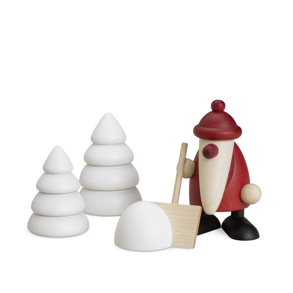 Santa Claus with snow shovel and 2 trees - Miniature set 4