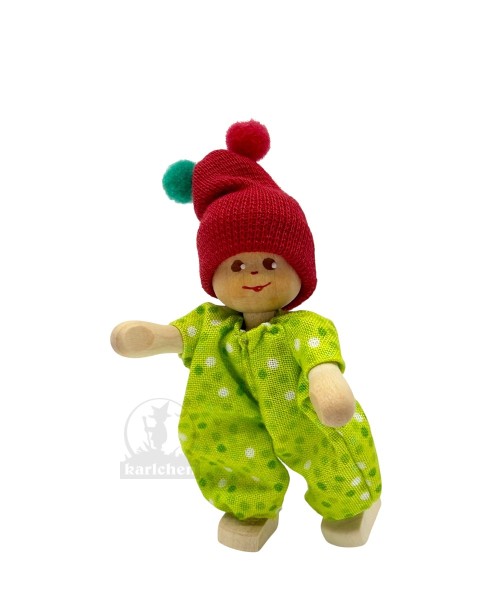 Wooden doll baby with green dress