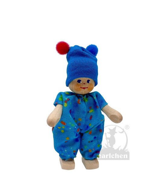 Holzpüppchen Baby mit Bommelmütze, blau